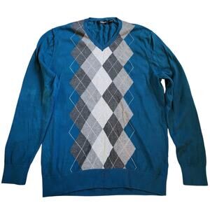 Claiborne Mens V-Neck Sweater Size L Blue Gray Diamond Argyle Long Sleeve